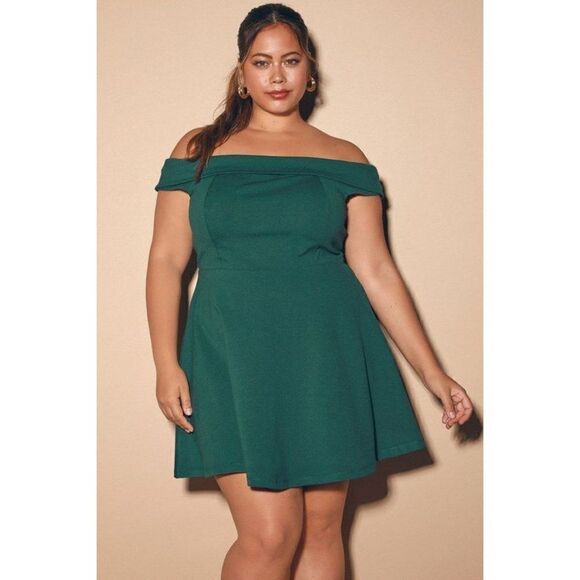 Lulu's Season of Fun Forest Green Off-the-Shoulder Skater‎ Dress Plus Size 1XL - Picture 1 of 6